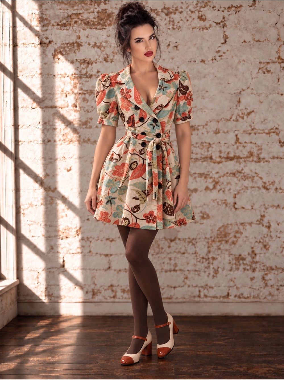 Vintage 90s Fairycore Retro Floral Linen Belted Double Breasted Trench Dress XS